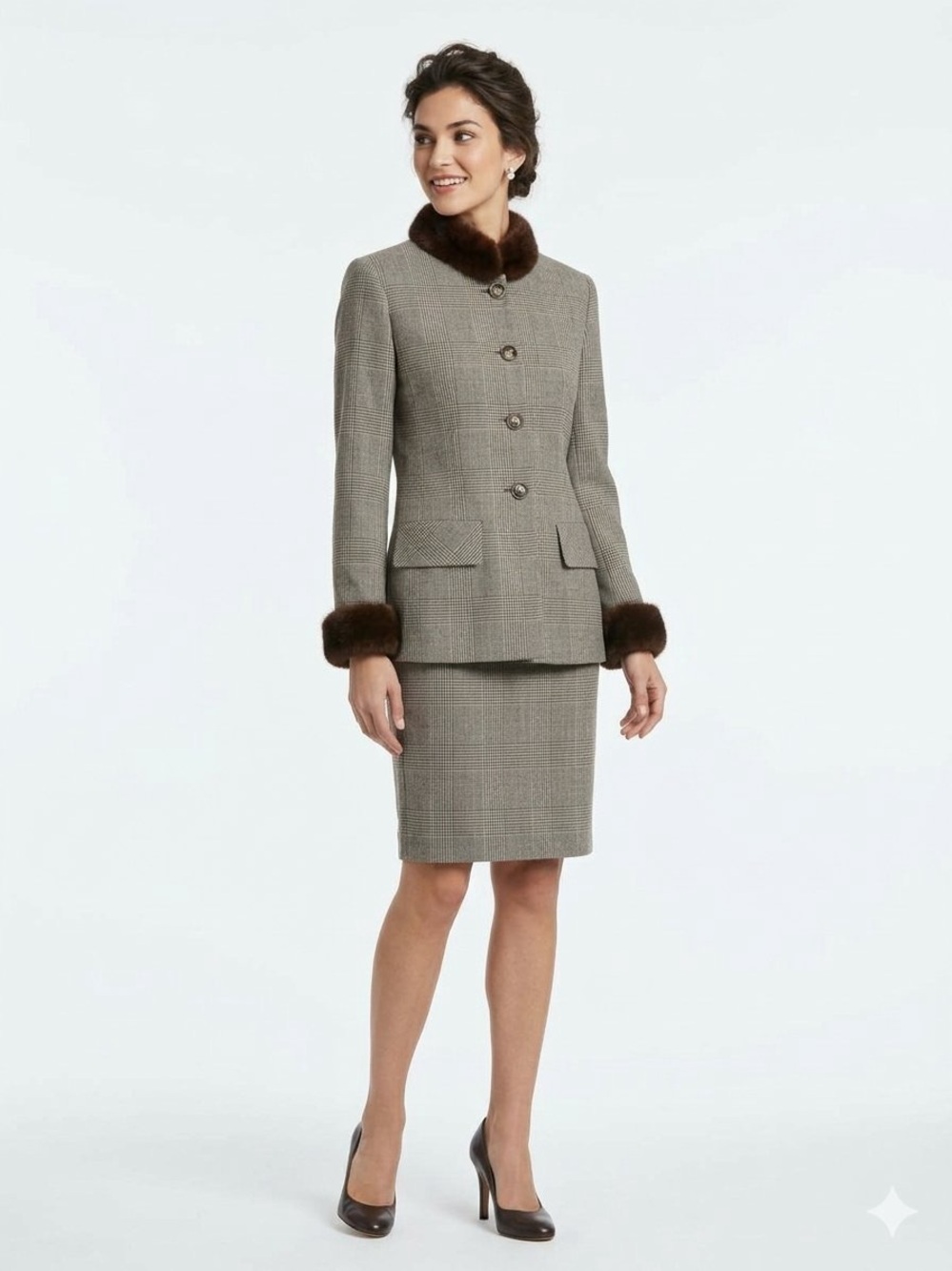 Vintage Brown Wool Houndstooth Plaid Skirt Suit with Mink Fur Trim - 70s, 80s